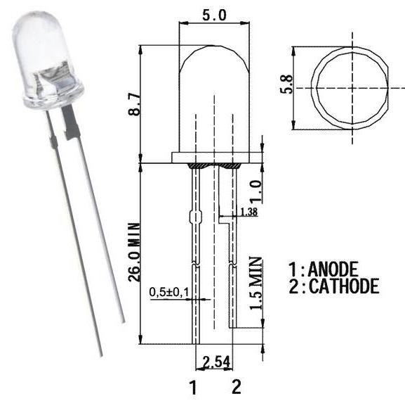 LED 5mm Blanco Transparente 12000 MCD (Milicandelas)