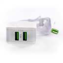 Cargador Iphone Puerto USB 2 Entrada AC100-240V(50-60HZ) Salida  5V=2.4A Tecnologia Auto-ID Power Max (12W)+Cable Plano