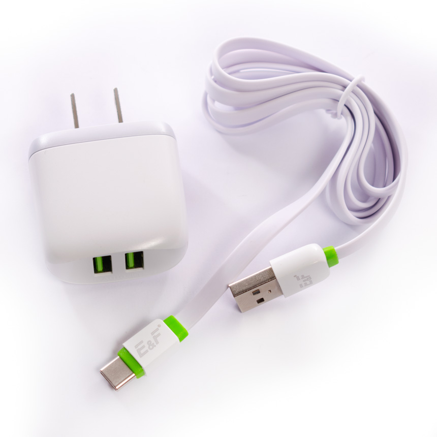 Cargador Tipo C Puerto USB 2 Entrada AC100-240V(50-60HZ) Salida 5V=2.4A Tecnologia Auto-ID Power Max (12W)+Cable Plano