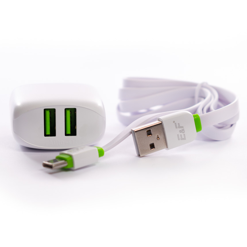 Cargador Tipo C Puerto USB 2 Entrada AC100-240V(50-60HZ) Salida 5V=2.4A Tecnologia Auto-ID Power Max (12W)+Cable Plano