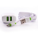 Cargador Tipo C Puerto USB 2 Entrada AC100-240V(50-60HZ) Salida 5V=2.4A Tecnologia Auto-ID Power Max (12W)+Cable Plano