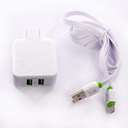 Cargador Tipo C Puerto USB 2 Entrada AC100-240V(50-60HZ) Salida 5V=2.4A Tecnologia Auto-ID Power Max (12W)+Cable Plano
