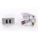 Cargador Tipo C Puerto USB 2 Entrada AC100-240V(50-60HZ) Salida 5V=2.4A Tecnologia Auto-ID Power Max (12W)+Cable Plano