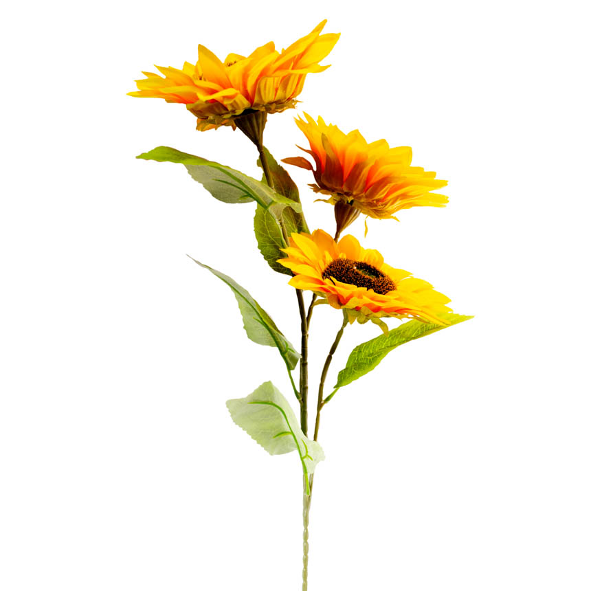 Flor - ramo de 3 girasoles, largo 93 cm, 1 corola 17 cm y 2 corolas de 15cm