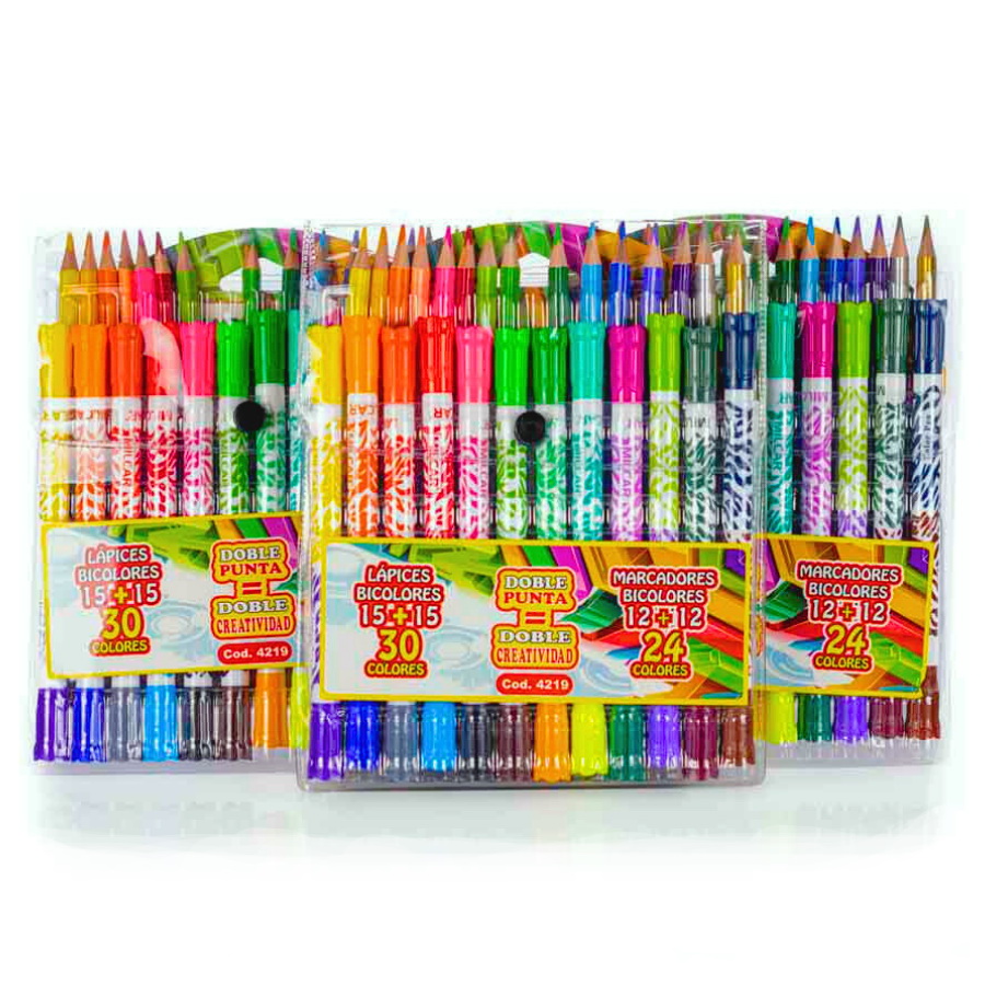 Colores y Marcadores Bicolor doblepunta 15+15 lapices y 12+12 marcadores MILCAR