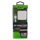 Cargador Tipo C Puerto USB 2 Entrada AC100-240V(50-60HZ) Salida 5V=2.4A Tecnologia Auto-ID Power Max (12W)+Cable Plano