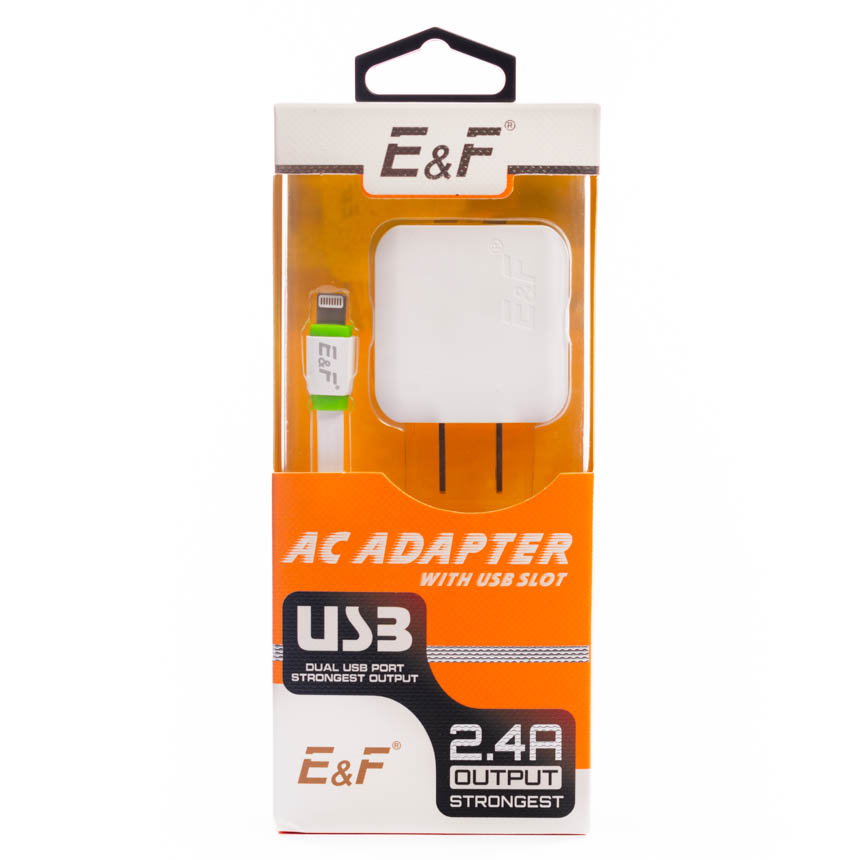 Cargador Iphone Puerto USB 2 Entrada AC100-240V(50-60HZ) Salida  5V=2.4A Tecnologia Auto-ID Power Max (12W)+Cable Plano