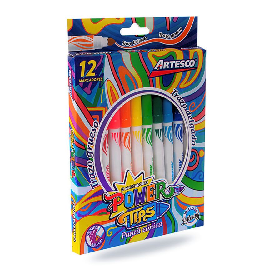 Marcador Power Tips punta conica trazo delgado o grueso 4.5mm Artesco de 12 colores
