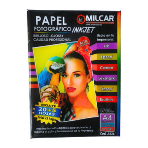 Papel Fotografico Brilloso Inkjet MILCAR 20hojas + 5