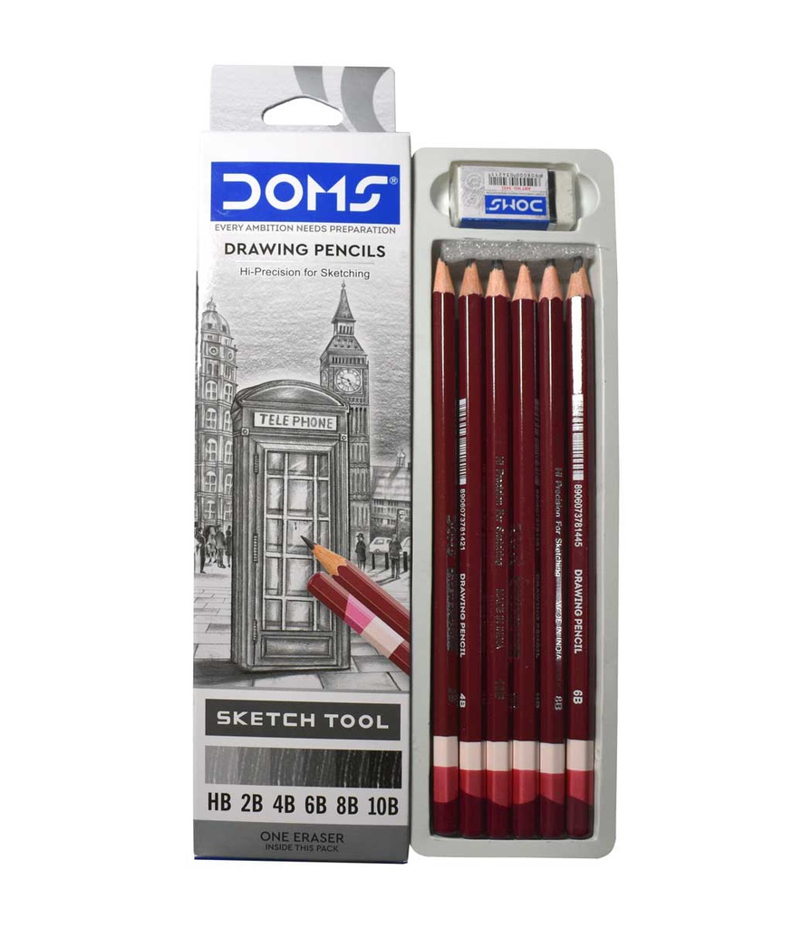 Lapiz drawing pencils sketch tool HB, 2B, 4B, 6B, 8B y 10B DOMS cajita de 6pcs