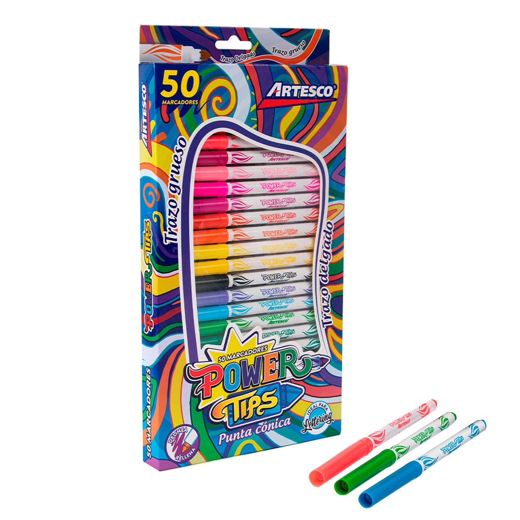 Marcador punta Power Tips conica trazo delgado o grueso 4.5mm Artesco 50 colores
