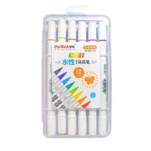 Marcadores a base de agua doble punta biselado y redondo 4/1.2mm Zuixua estuche rigido 12 colores