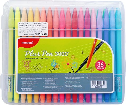 Marcador fine line a base de agua PLUS PEN 3000 estuche rigido Monami de 36 colores