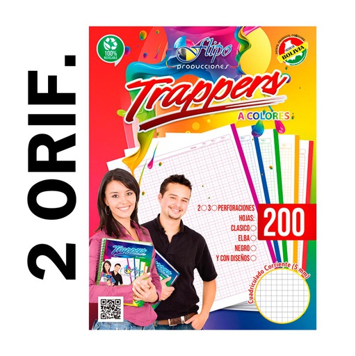 Hojas traper clasico 5 colores Flipo 200hjs (2 Huecos)