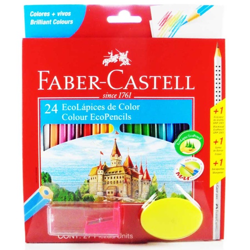 Color largo Faber Castell + tajador + borrador 24 colores